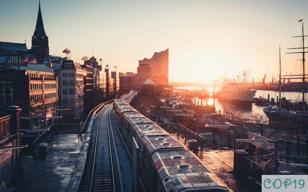 city buildings near the road during sunset